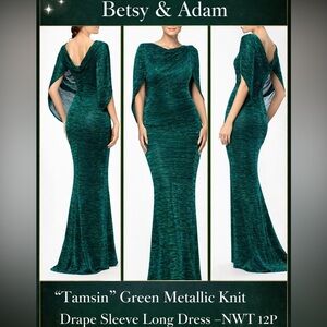 Betsy & Adam Petite Green Size 12P Metallic Drape Gown NWT Formal Designer Gown